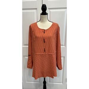 ALI MILES Coral Stripe Crinkle Artsy Stretch Tunic Toggle Roll Tab Sleeves 1X